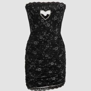 Lace Ruched Rhinestone Heart Cut Out Tube Mini Dress